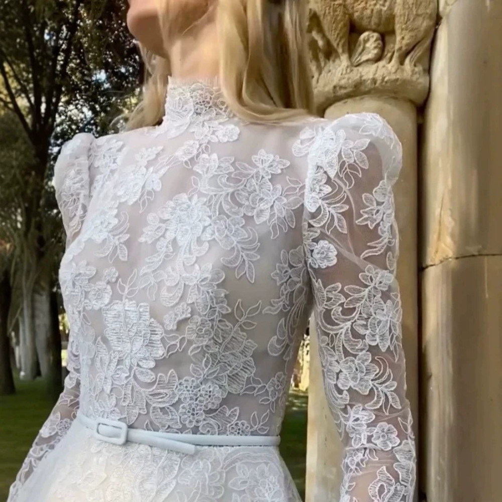 ZARA French Lace Simple Luxury Bridal Gown Long Sleeve Summer Short Train